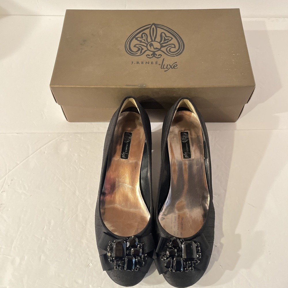 J. Renee Luxe Womens Black Silk Jeweled Kitten Heels Pumps Size 7.5